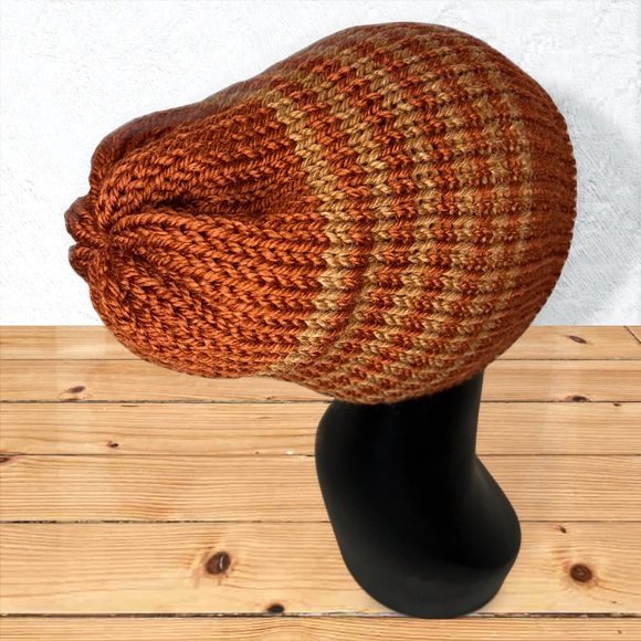 Handmade Knit Off-The-Yak Beanie Unisex Wool Yak Blend Deep Orange w/ Fawn Brown - Picture 5 of 10